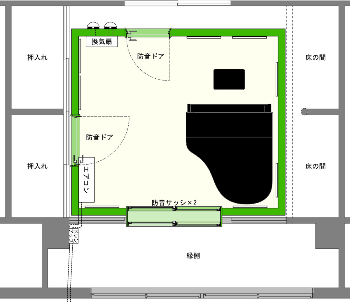 アビテックスフリータイプ施工事例 広い和室を高遮音ピアノ室に（7.2畳